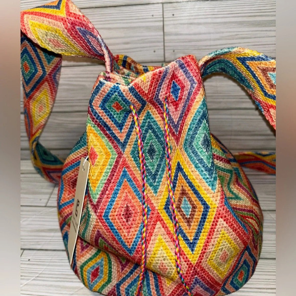 Patterned Crossbody Bucket Bag W/ Tasseled Drawstring - Picture 4 of 5